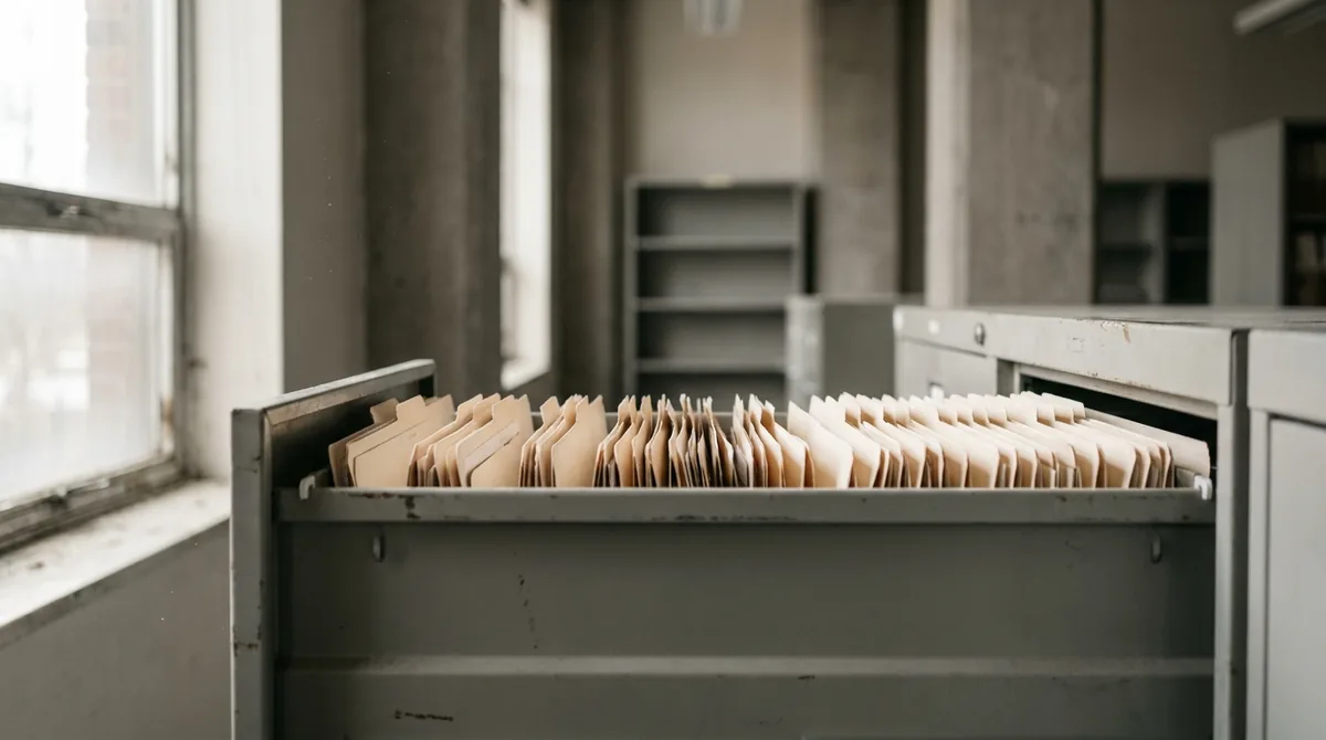Archivador metálico abierto con expedientes, que representa los antecedentes policiales y penales