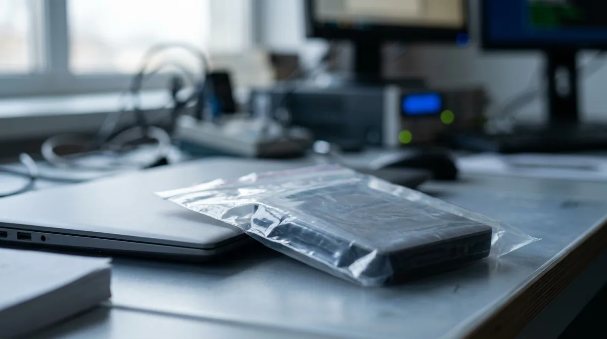 Disco duro precintado en una bolsa de pruebas junto a un portátil en un laboratorio forense, investigación por el artículo 189 del Código Penal