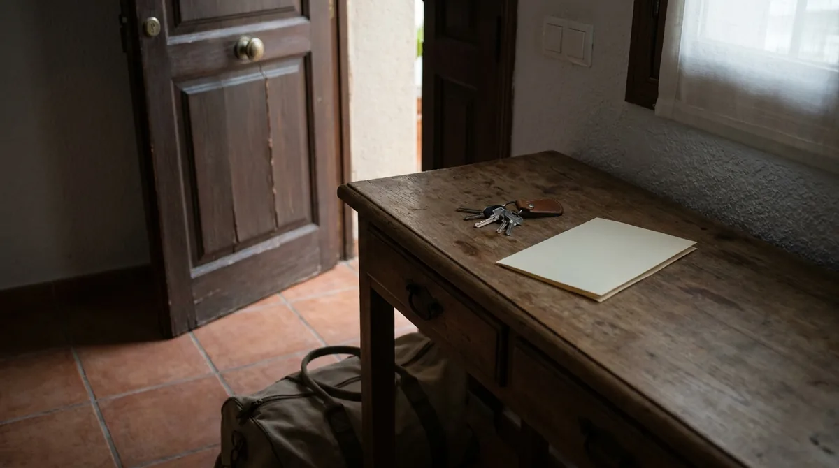 Recibidor de una vivienda con llaves y una carpeta sobre la mesa, situación tras una denuncia por violencia de género