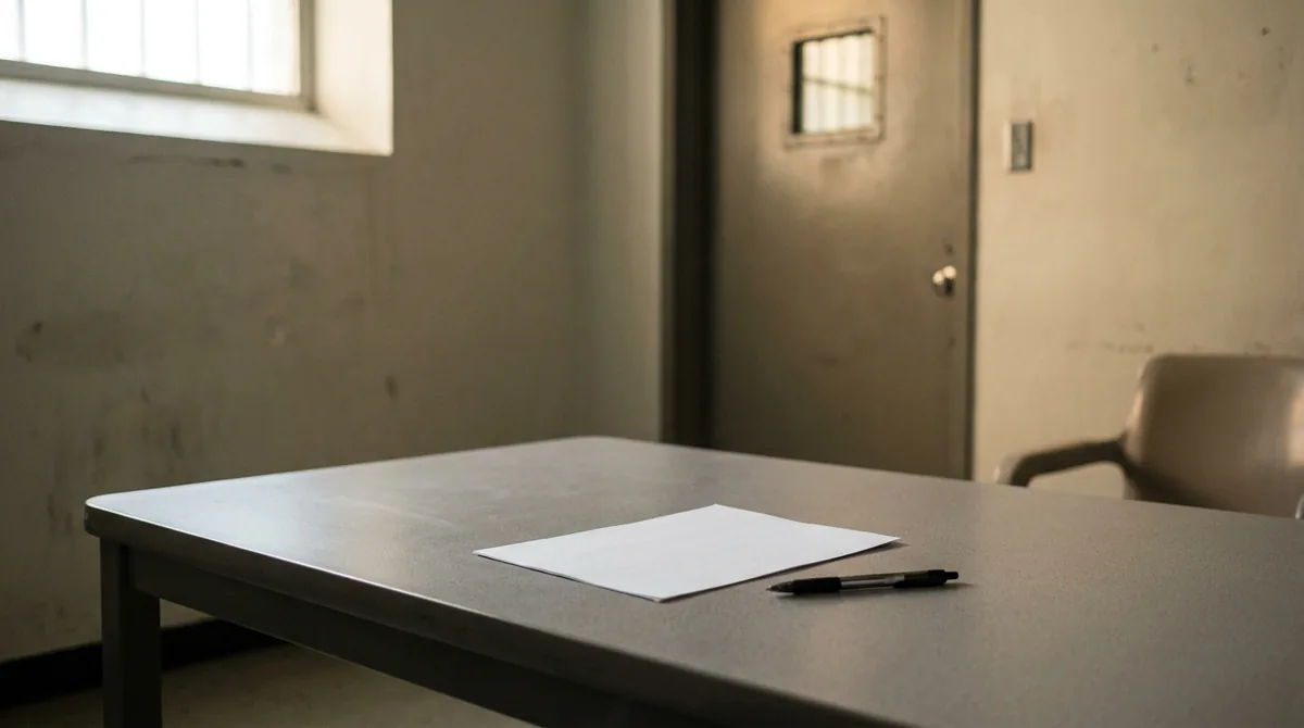 Sala de declaración de una comisaría con el acta de derechos del detenido sobre la mesa